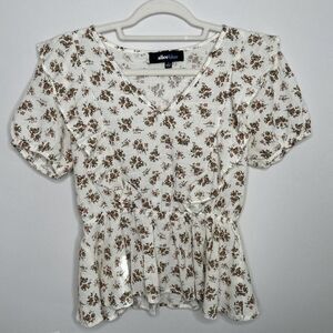 Alice Blue Women’s S Beige Green Floral Top Peplum Waist Short Sleeves Romantic